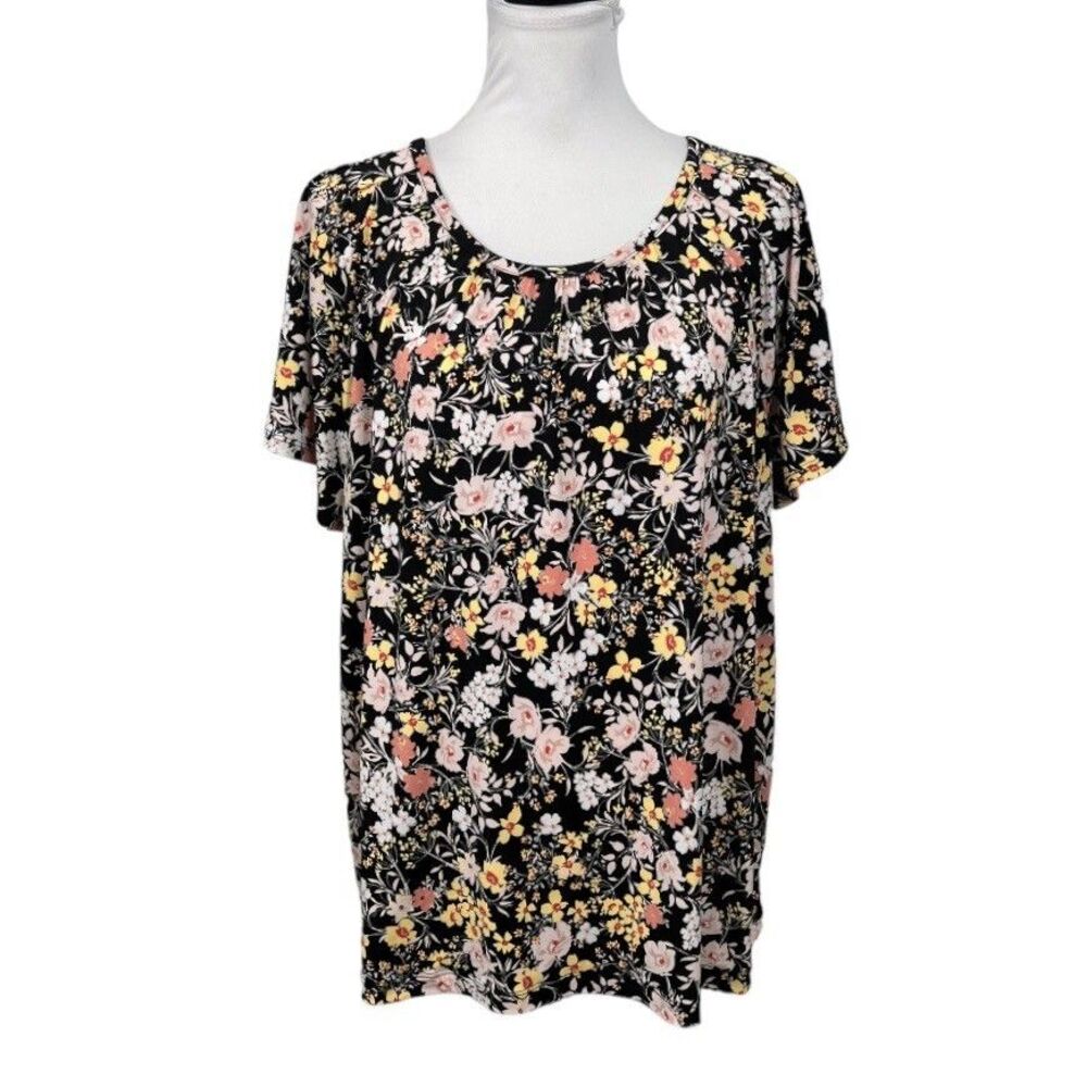 Liz Claiborne Blouse Size OX Black Floral Slinky Keyhole Pleated Front Work Top